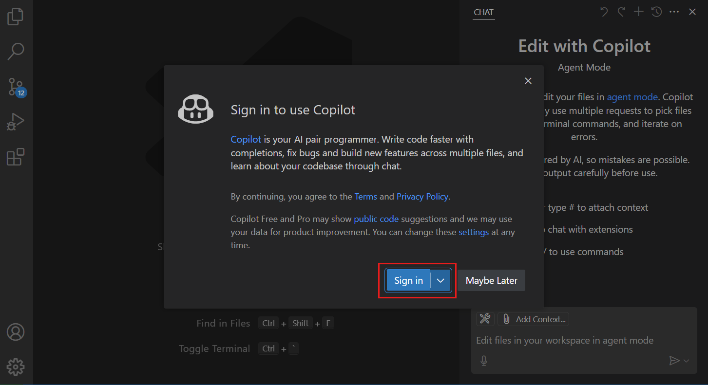 sign in copilot vscode