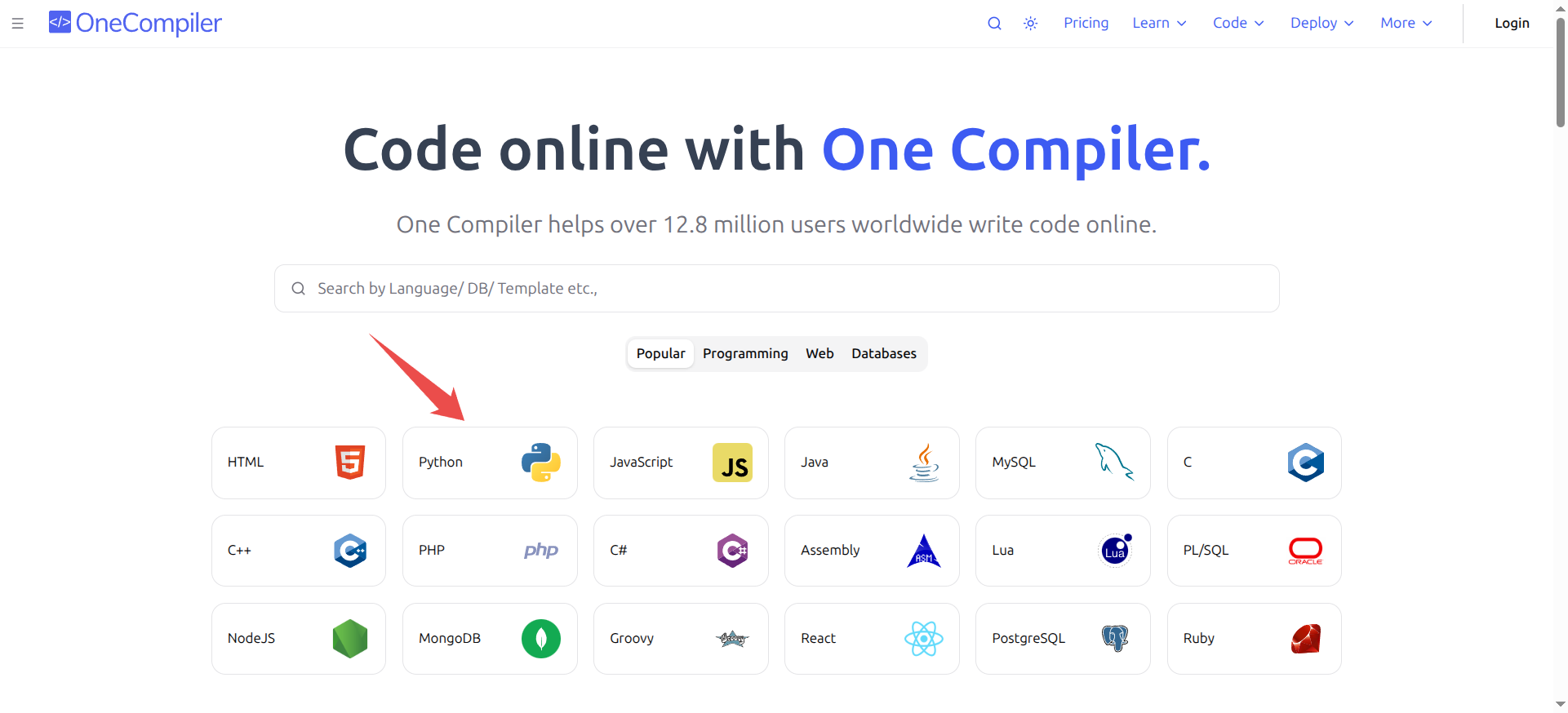 Выбор языка на главной странице OneCompiler