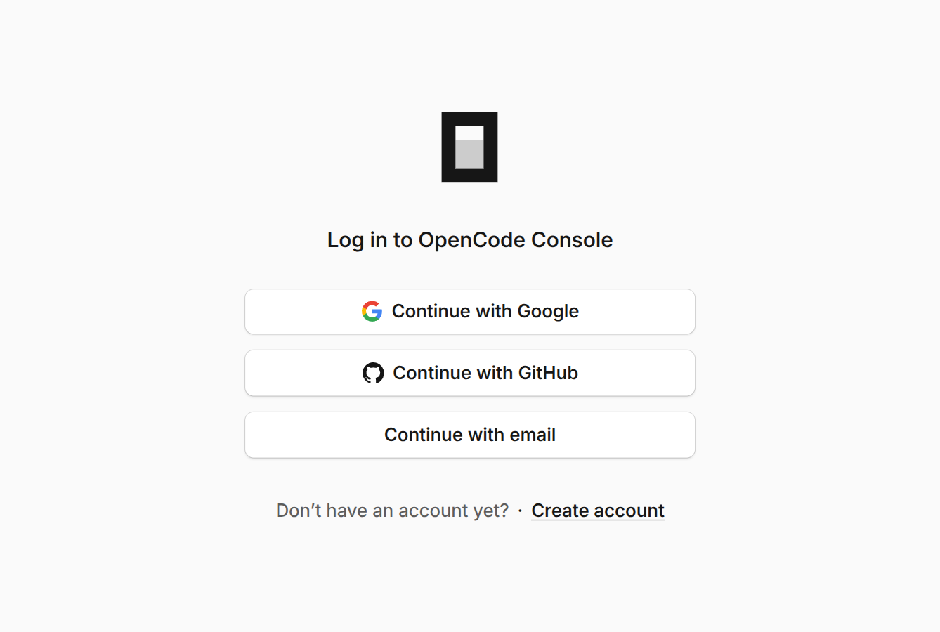 Страница входа в OpenCode Console: кнопки Continue with Google, Continue with GitHub и Continue with email