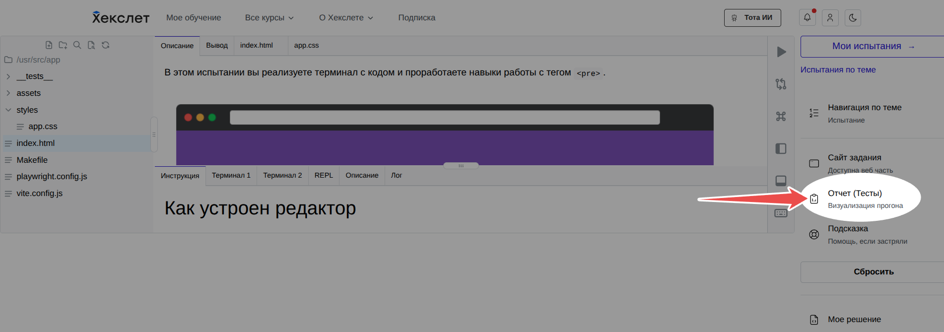 Страница упражнения по вёрстке, в правой колонке пункт «Отчет (Тесты)» с подписью «Визуализация прогона»